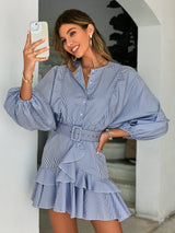 Gingham Button Front Belted Layered Dress