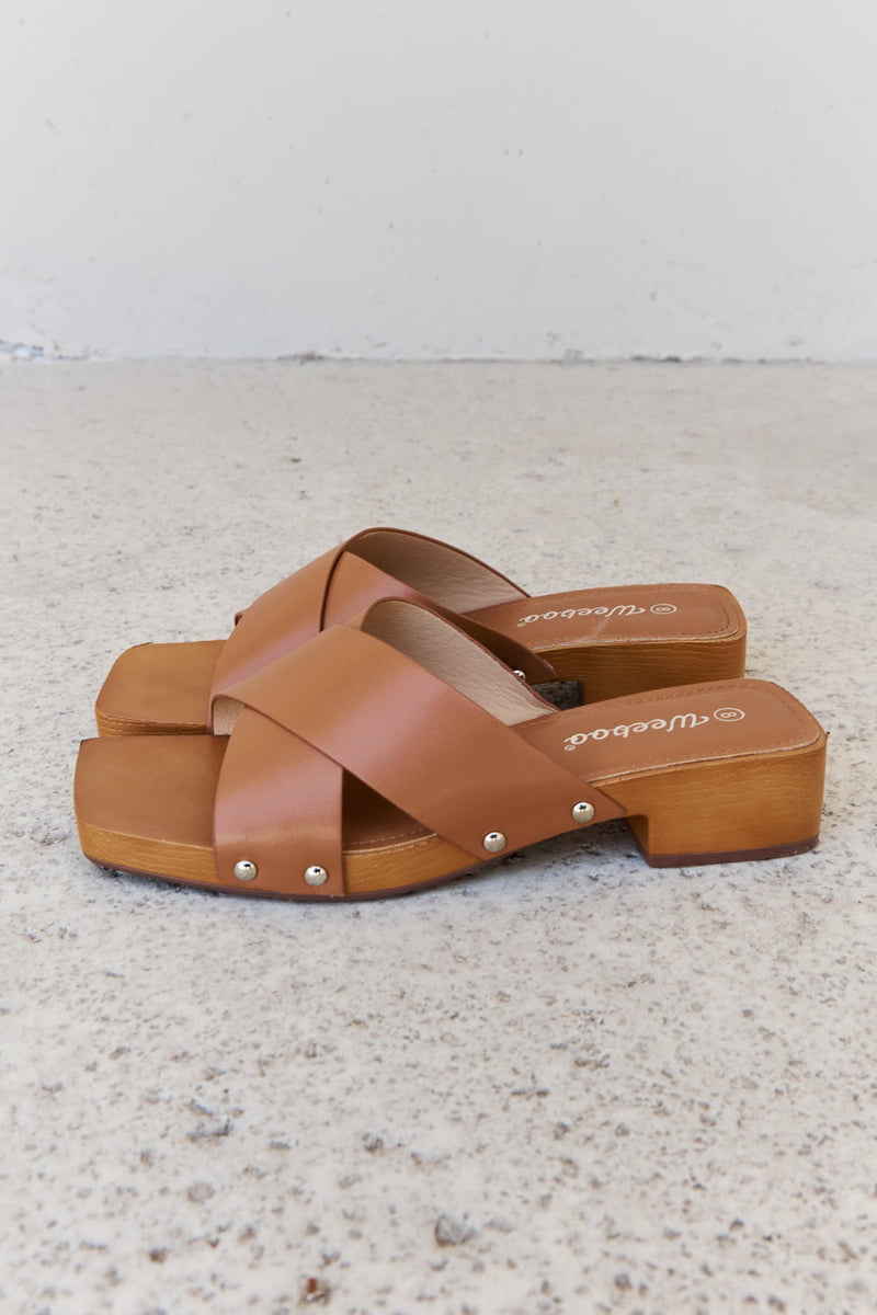 Step Into Summer Criss Cross Wooden Clog Mule in Brown