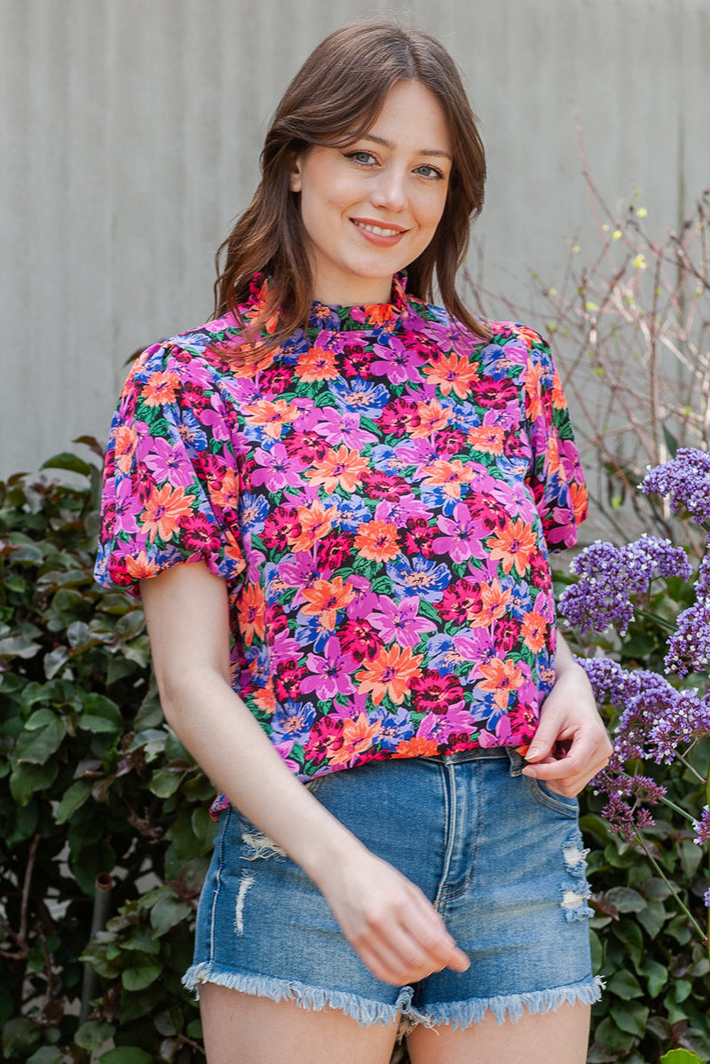 Floral Print Puff Sleeve Round Neck Blouse