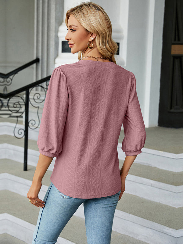 Notched Neck Three-Quarter Sleeve Blouse