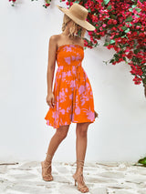 Floral Frill Trim Strapless Smocked Dress