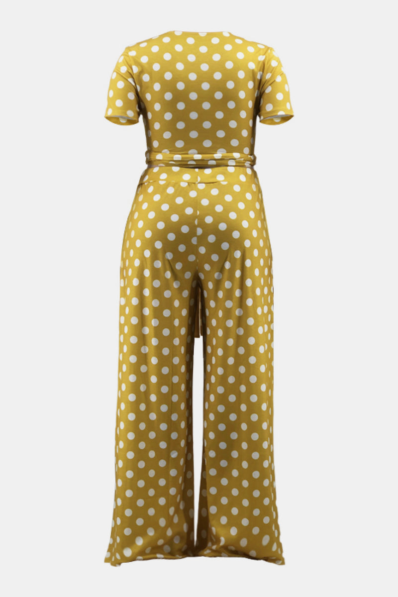 Plus Size Polka Dot Short Sleeve Top and Wide Leg Pants Set