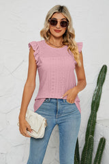 Smocked Round Neck Eyelet Top