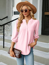 Notched Neck Three-Quarter Sleeve Blouse