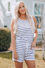 Striped Buttoned Sleeveless Romper with Pockets