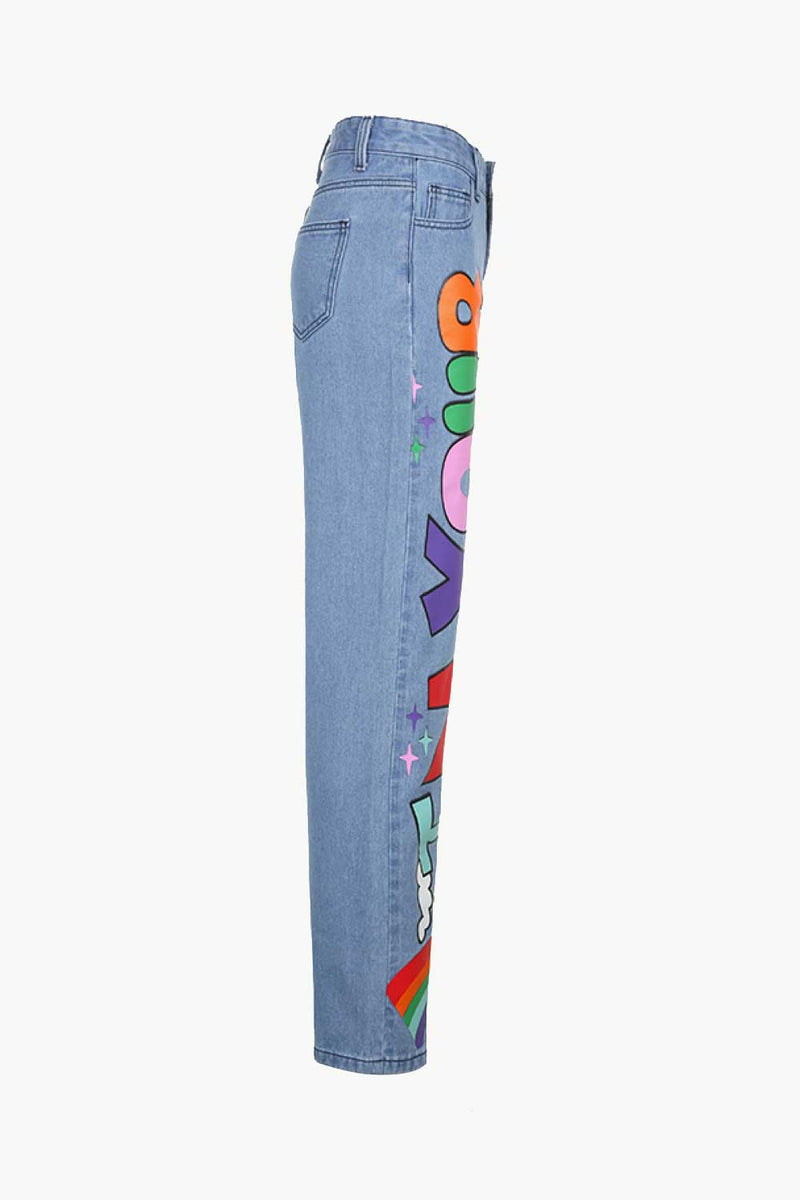 Letter Print High-Waisted Jeans