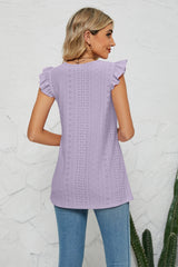 Smocked Round Neck Eyelet Top