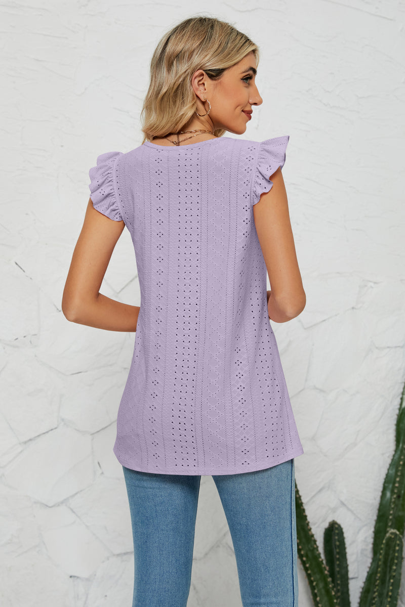 Smocked Round Neck Eyelet Top