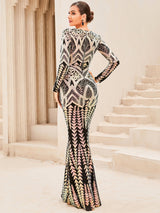 Sequin Long Sleeve Deep V Fishtail Dress