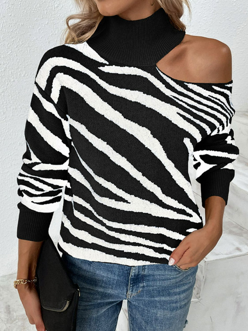 Tiger Print Cold-Shoulder High Neck Sweater