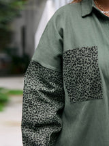 Plus Size Leopard Button Front Dropped Shoulder Shirt Jacket
