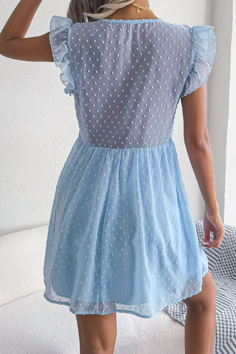 Swiss Dot Deep V Ruffle Shoulder Mini Dress