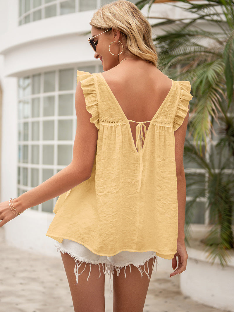 Tie Back V-Neck Ruffled Blouse