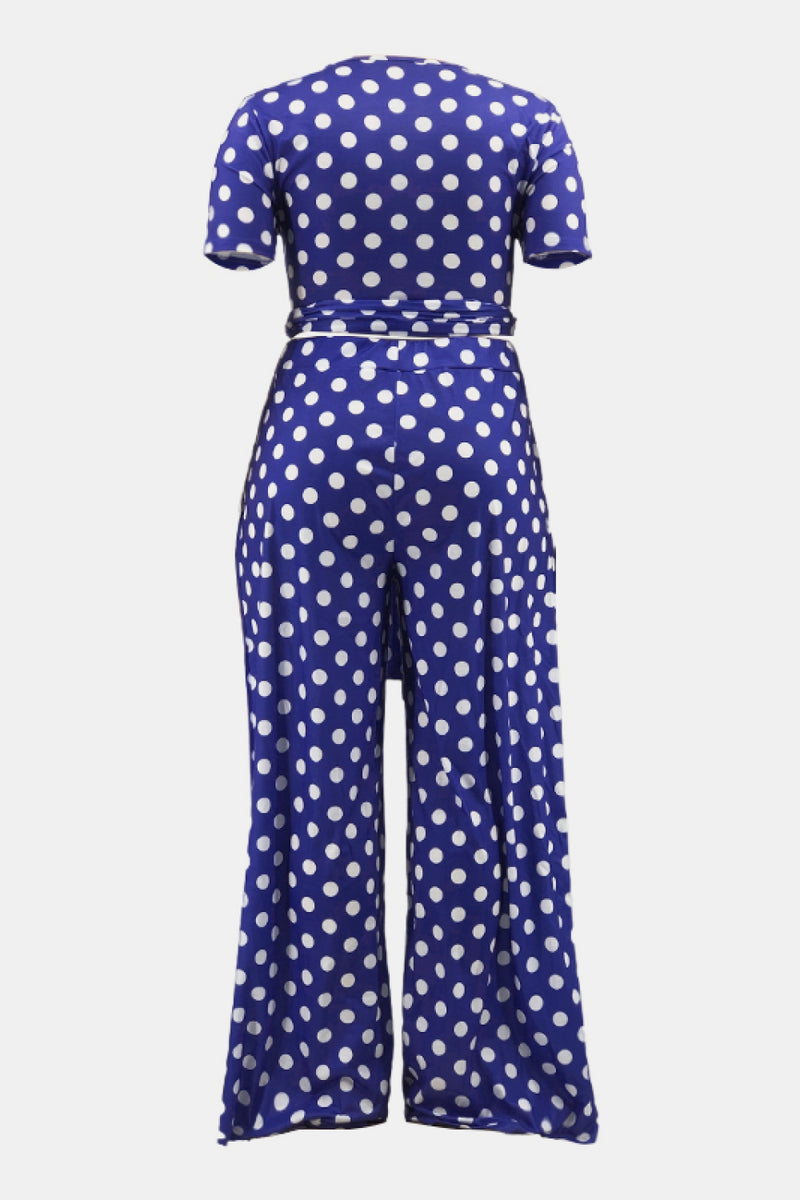 Plus Size Polka Dot Short Sleeve Top and Wide Leg Pants Set