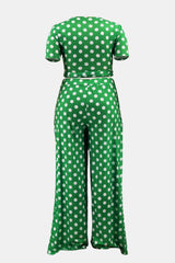 Plus Size Polka Dot Short Sleeve Top and Wide Leg Pants Set