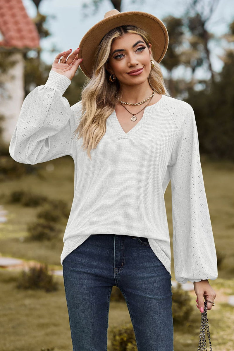 Notched Neck Raglan Sleeve Blouse