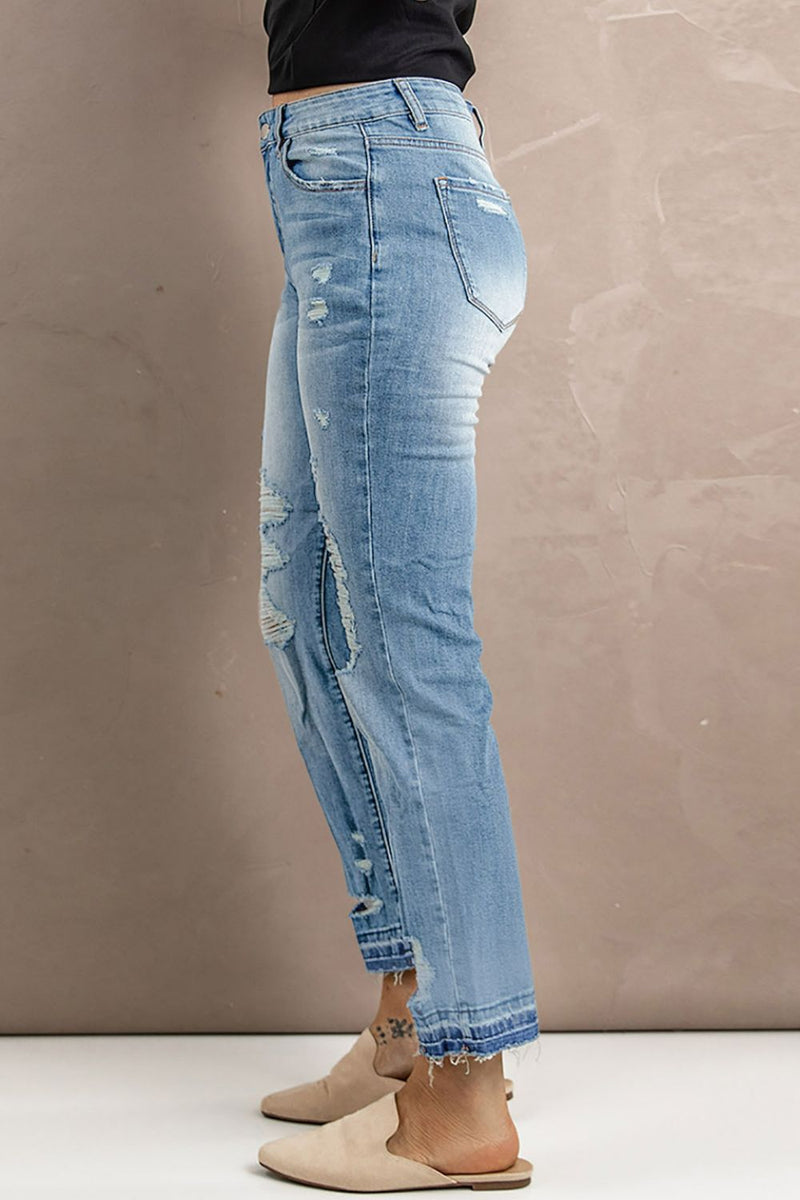 Straight Leg Distressed High Waist Jeans