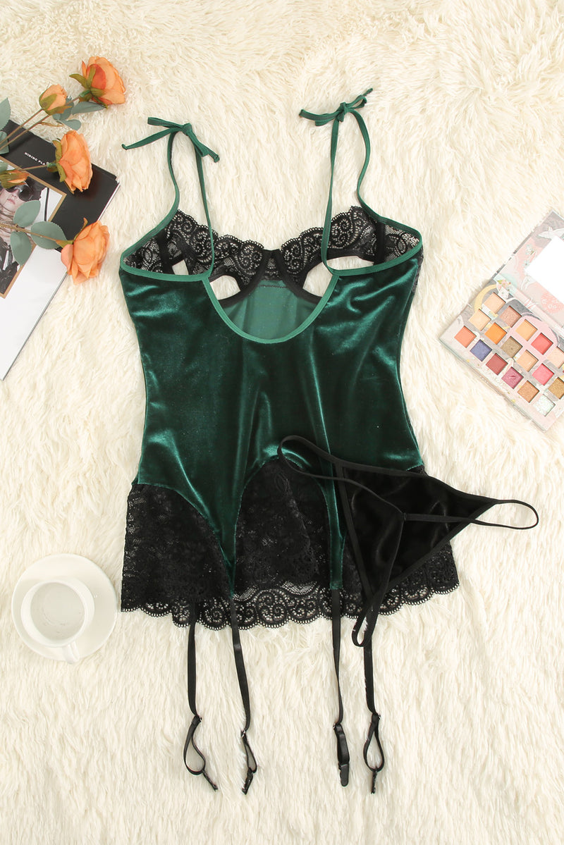 Contrast Lace Velvet Cutout Halter Neck Babydoll Set