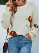 Tai Chi Print Lantern Sleeve Round Neck Sweater