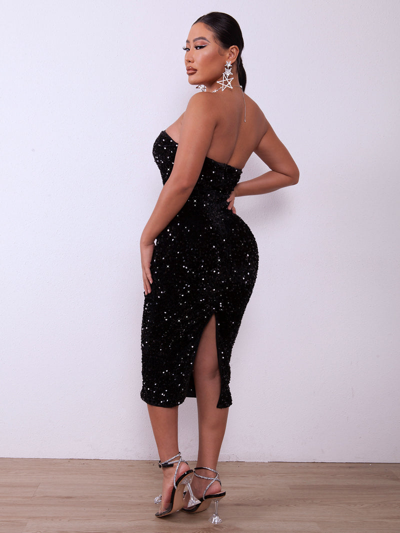 Sequin Strapless Ruched Back Slit Bodycon Dress