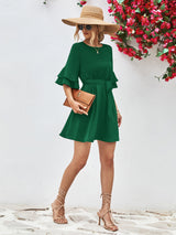 Round Neck Tie Belt Flounce Sleeve Dress