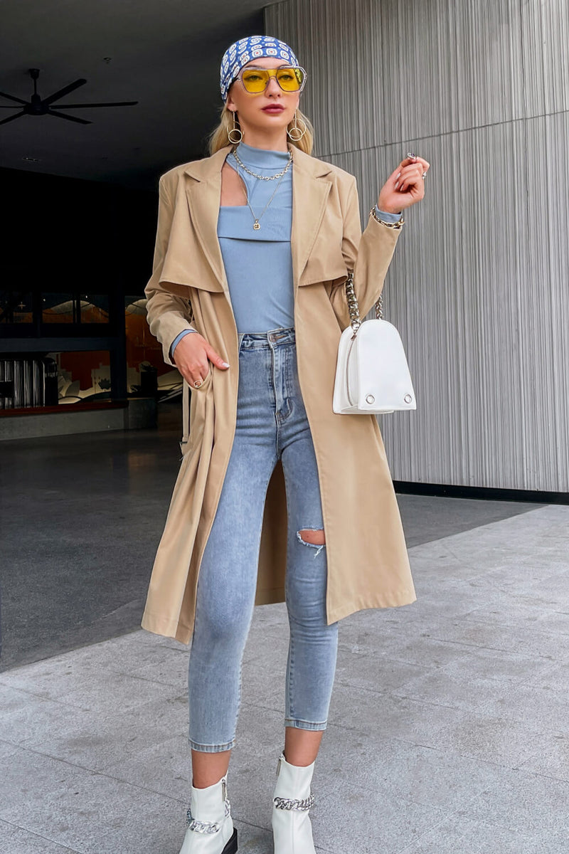 Lapel Collar Belted Trench Coat with Pockets