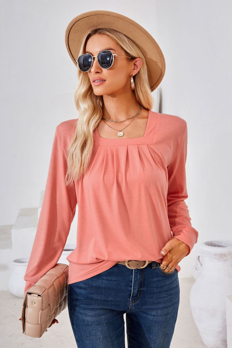 Square Neck Ruched Long Sleeve Blouse