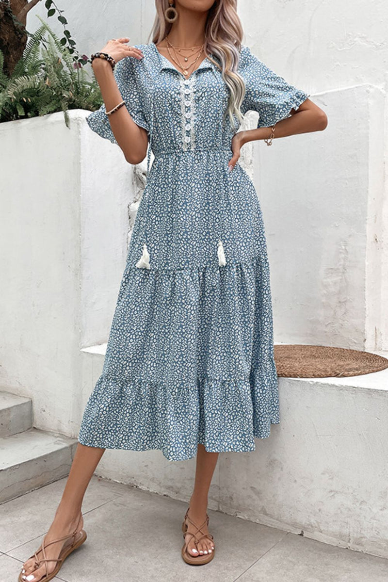 Printed Tassel Tie Flounce Sleeve Dress