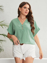 Plus Size Buttoned V-Neck Short Sleeve Top