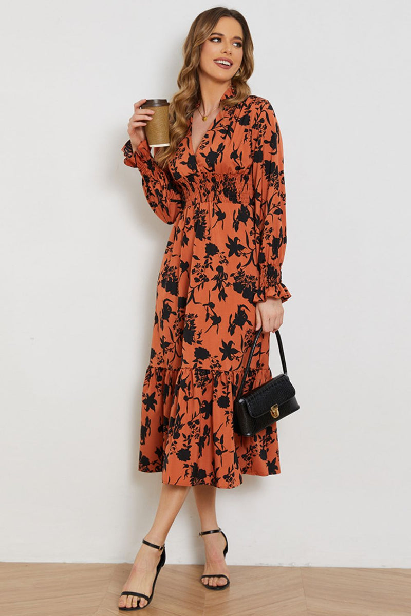 Floral Smocked Long Flounce Sleeve Dress