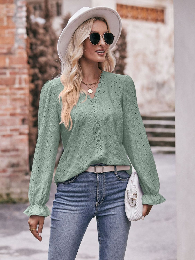 Eyelet V-Neck Flounce Sleeve Blouse