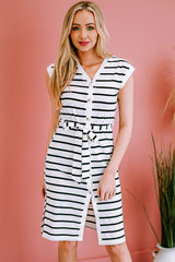 Striped Button Front Tie Waist Dress