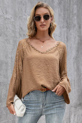 V-Neck Spliced Lace Flare Sleeve Top