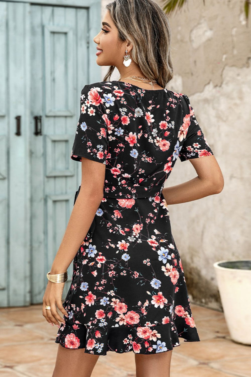 Floral Tied Ruffle Hem Surplice Dress