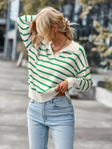 Striped Ribbed Trim Collared Knit Sweater