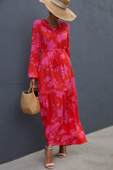 Floral Drawstring Waist Long Sleeve Dress