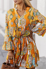 Printed Notched Neck Flounce Sleeve Dress