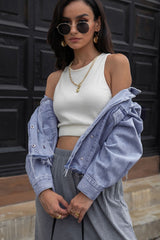 Frayed Detail Double-Breasted Cropped Denim Jacket