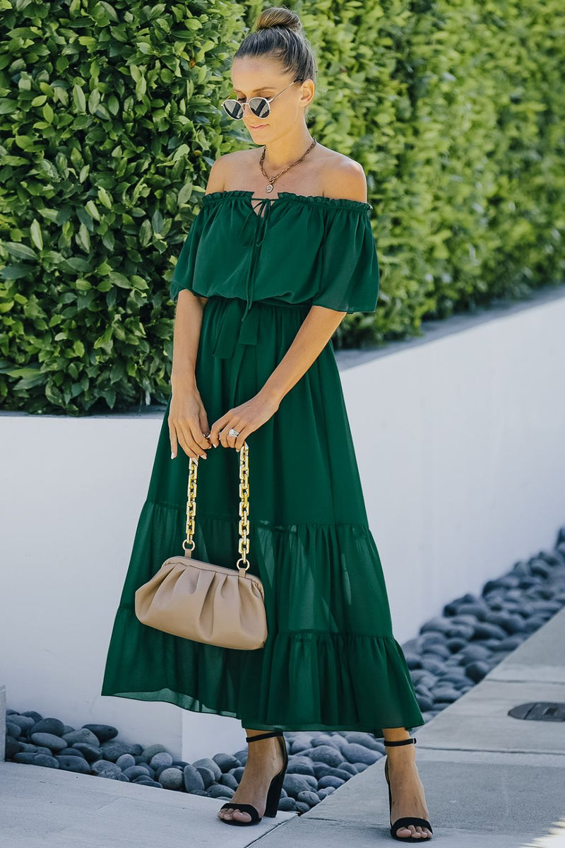 Tie Front Off-Shoulder Belted Tiered Maxi Dress