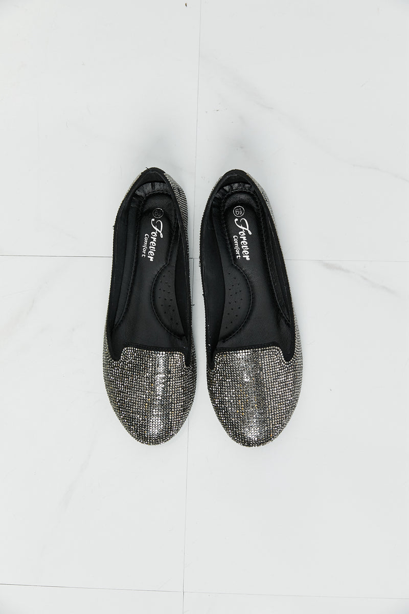 Rhinestone Round Toe Flats in Black/Pewter