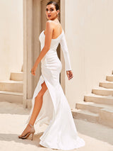 Satin One-Shoulder Ruched Split Dress