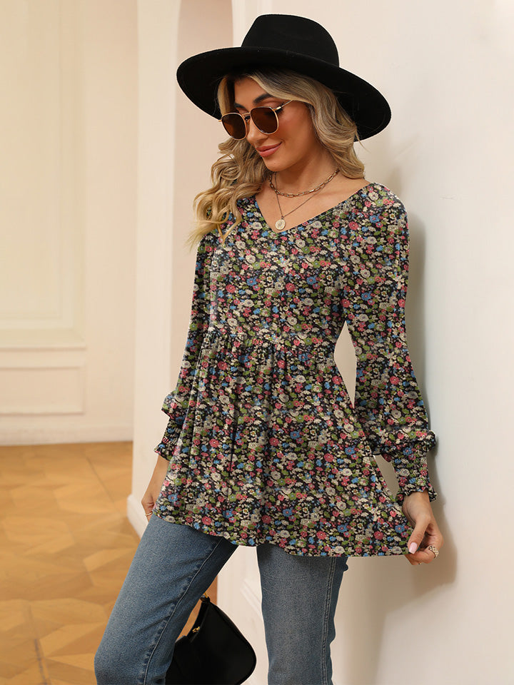 Printed V-Neck Lantern Sleeve Blouse