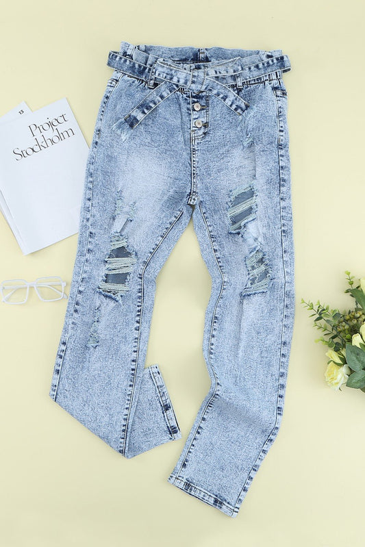 Acid Wash Belted Button Fly Distressed Jeans - Bakers Shoes store