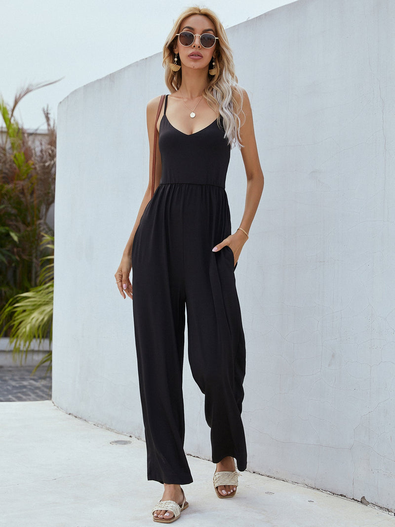 Adjustable Spaghetti Strap Jumpsuit with Pockets - Bakers Shoes store