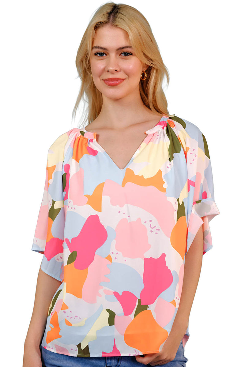 Printed Notched Neck Half Sleeve Blouse