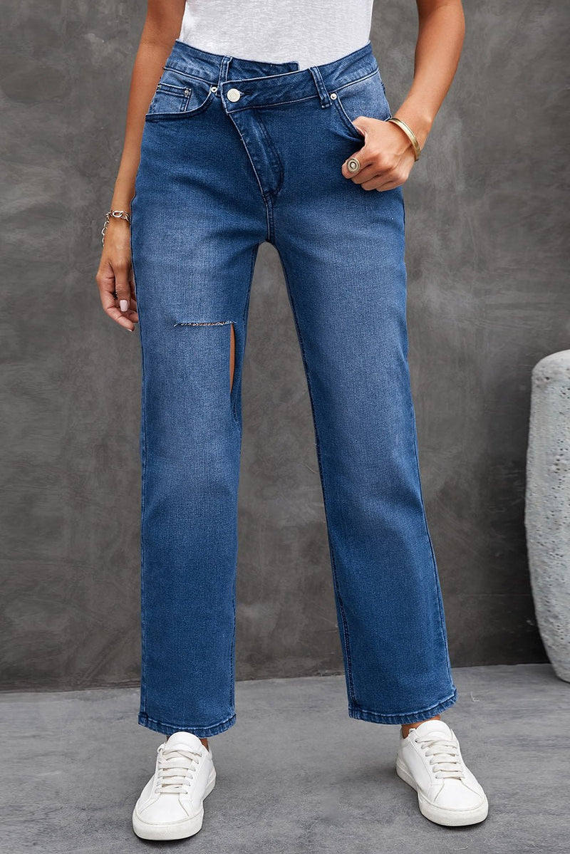 Asymmetrical High Waist Distressed Jeans - Bakers Shoes store