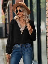 Swiss Dot V-Neck Long Sleeve Blouse