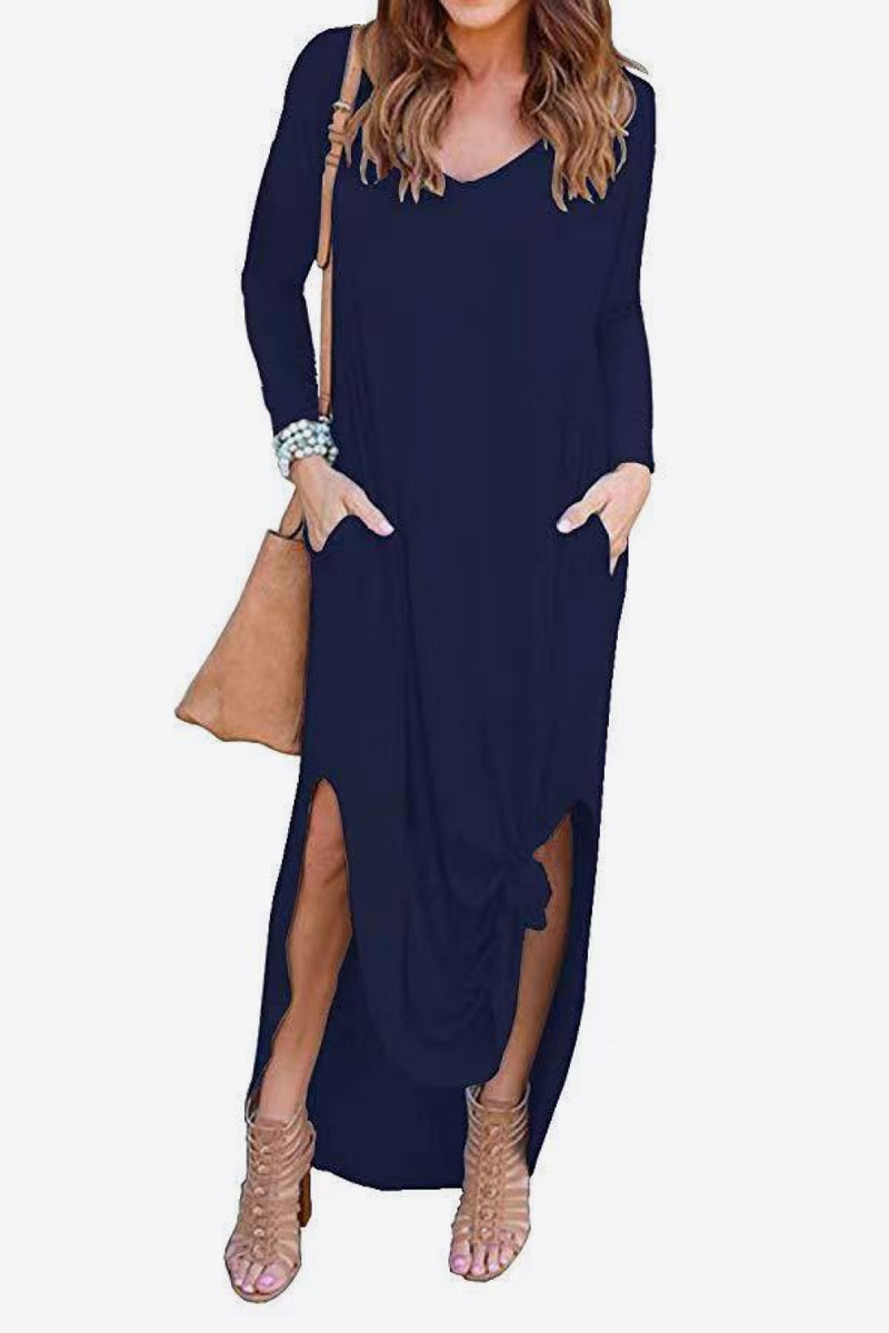 Split Long Sleeve V-Neck Maxi Dress