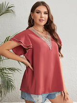 Plus Size Contrast V-Neck Layered Flutter Sleeve Blouse