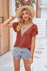 Contrast V-Neck Petal Sleeve Top